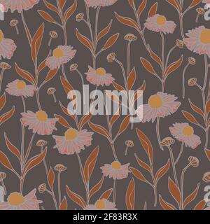 Seamless vector pattern with flowers on silver background. Repeat wallpaper design with daises. Romantic floral print. Stock Vector