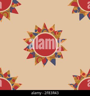 Seamless vector pattern with red sun on pink background. Happy relaxing wallpaper design. Simple artistic fashion textile. Stock Vector