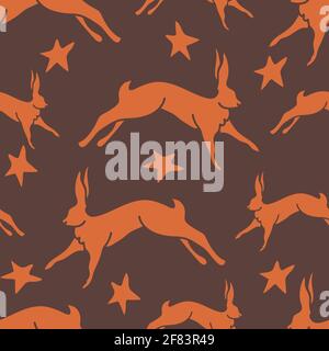 Seamless vector pattern with jumping hare and stars on brown background. Simple animal wallpaper design with rabbit silhouette. Stock Vector