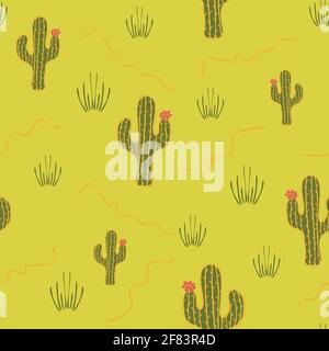 Seamless vector pattern with cactus in desert on green background. Simple floral hand drawn wallpaper design. Nature fashion textile. Stock Vector