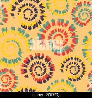 Seamless vector pattern with happy tie dye spiral on light pink background. Artistic summer swirl wallpaper design. Calm relax fashion textile. Stock Vector