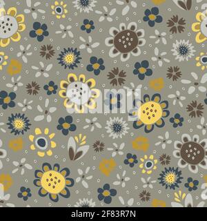 Seamless vector pattern with hand drawn flowers on grey background. Beautiful modern floral wallpaper design. Hippy fabric fashion style. Stock Vector