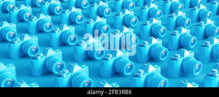 Cameras lined up in row. Creative concept on blue background. 3d render 3d illustration Stock Photo