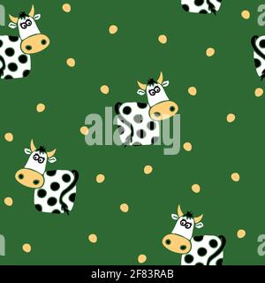 Seamless vector pattern with cow on green background. Simple animal wallpaper design. Hand drawn meadow fashion textile. Stock Vector