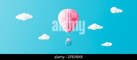 Piggy bank in hot air balloon on blue sky, Savings Protection Concept 3d render 3d illustration Stock Photo