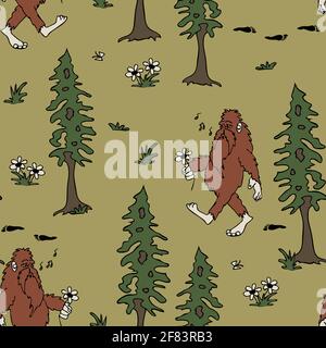 Seamless vector pattern with happy Bigfoot on green background. Cartoon animal forest wallpaper design. Legendary monster fashion textile. Stock Vector