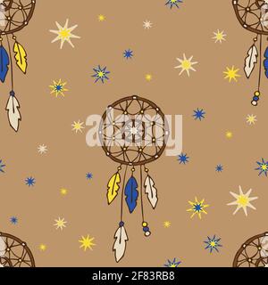 Seamless vector pattern with dream catcher on beige background. Spiritual wallpaper design with stars. Lifestyle fashion textile. Stock Vector