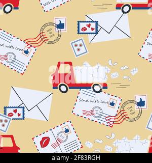Seamless vector pattern with red delivery van on pink background. Post office wallpaper design with vintage envelopes. Royal business fashion textile. Stock Vector