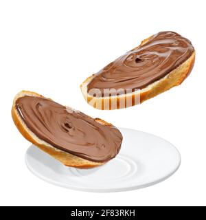 flying bread with chocolate cream isolated on white Stock Photo