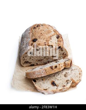 Homemade  spiced fruit bloomer loaf isolated on white Stock Photo