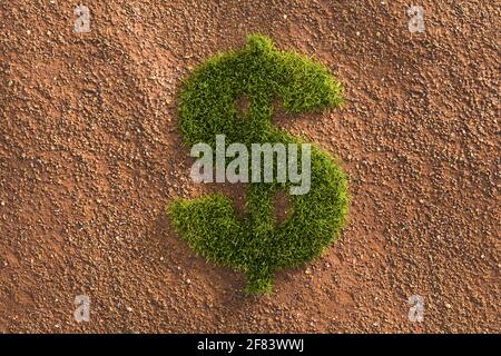 Green grass Dollar sign in an arid landscape. Concept for corporate responsibility and ESG (environment social governance) standards in investing. Stock Photo