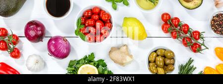 Healthy vegan food background clean eating vegetarian organic on a wooden board banner Stock Photo