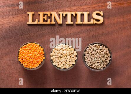 Types of lentils - Lens culinaris. Top view Stock Photo