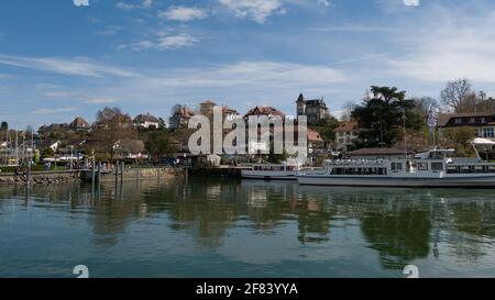 Look at the port of Murten and passenger ship Stock Photo
