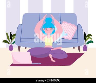 online yoga girl practicing home Stock Vector