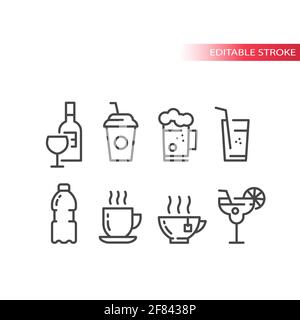 Cup and glass for cocktail, coffee and beer icon set. Wine bottle, glasses, water bottle line vector icons. Editable stroke. Stock Vector