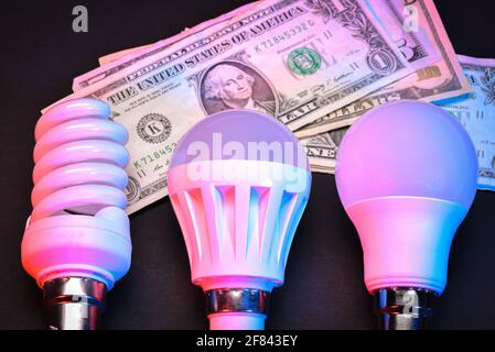 The concept of LED bulbs on a black background with banknotes of dollars as electricity costs Stock Photo
