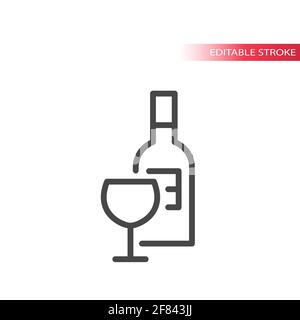 Wine bottle and glass line vector icon. Outline, editable stroke. Stock Vector