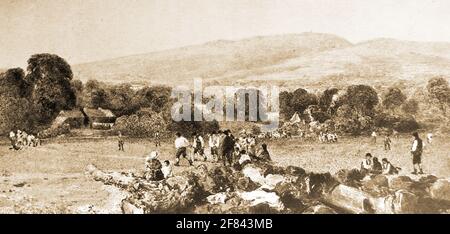 An old image showing an 18th century British country cricket match. Stock Photo