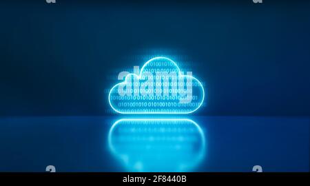 Big data neon light icon with background code and deep blue. Concept tech machine. Cloud icon computer. 3d rendering - illustration. Stock Photo