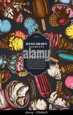 Card design on dark background with ice cream bowls, ice cream bucket, popsicle ice cream, ice cream cones, ice cream scoop, ice cream balls Stock Vector