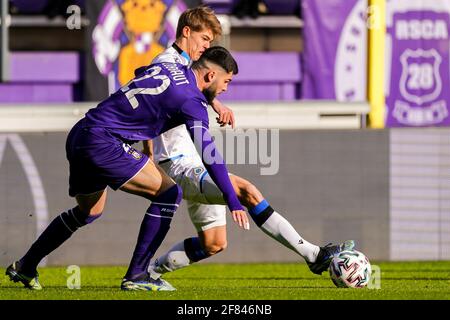 BRUSSELS, BELGIUM - December 08: Jeremy Doku of Anderlecht and Francis  Amuzu of Anderlecht look dejected after the Jupiler Pro League match day 18  between Rsc Anderlecht vs Sporting Charleroi on December