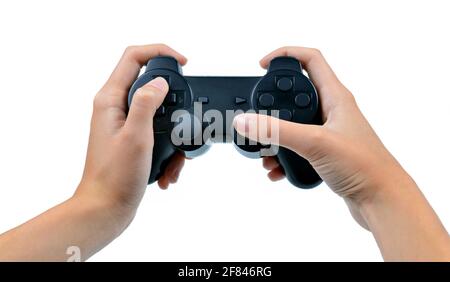 Game controller in hand isolated on white background. Stock Photo