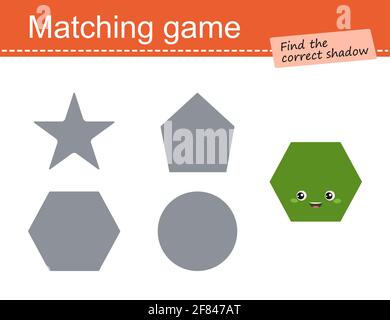 Matching game for children. Geometric shapes, hexagon. Cartoon flat style. Vector illustration Stock Photo