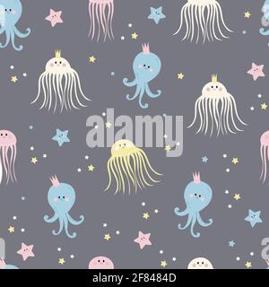 Seamless patterns with sea inhabitants. Cute starfishes, jellyfish and octopus on a gray background. Vector. Childrens collection For design, decor, p Stock Vector
