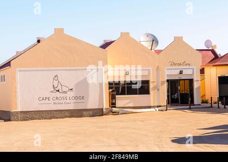 Cape Cross Lodge, Cape Cross, Skeleton Coast, Namibia. This is the only hotel within 100 miles of the huge colony of grey fur seals at Cape Cross. Stock Photo