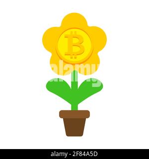 Bitcoin plant in pot. Cryptocurrency flower. Stock Vector