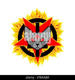 Cat Demon. Satanic symbol. Satan with cat head. Devil symbol pentagram. Stock Vector