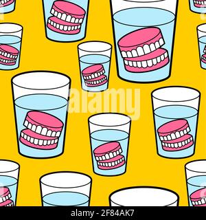 False teeth in glass pattern seamless. False jaw in glass beaker texture. False teeth background Stock Vector