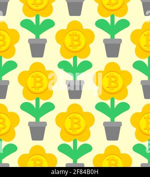 Bitcoin plant in pot pattern seamless. Cryptocurrency flower background. Stock Vector