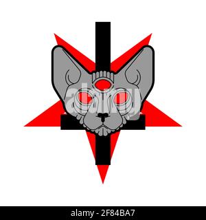 Cat Demon. Satanic symbol. Satan with cat head. Devil symbol pentagram. Stock Vector