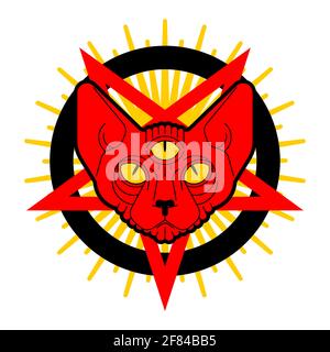 Cat Demon. Satanic symbol. Satan with cat head. Devil symbol pentagram. Stock Vector
