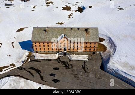 Simplon Hospice on the Simplon Pass in winter, Valais, Switzerland Stock Photo