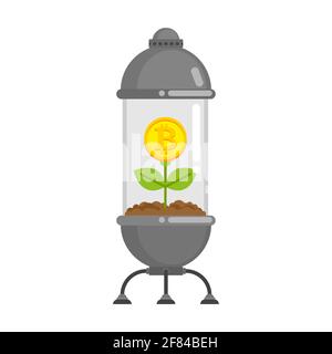 Bitcoin plant in pot. Cryptocurrency flower. Stock Vector