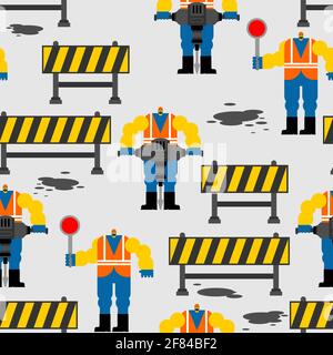 Road worker pattern seamless. Roadman background. Service asphalt repair texture Stock Vector