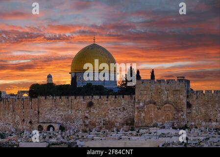 Jerusalem, Israel; April 11, 2021 - A view of the Al Aqsa Mosque on the Temple Mount at sunset Stock Photo