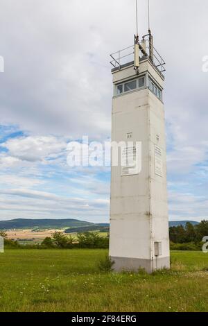 Former GDR observation tower at the inner-German border, today Museum Pint Alpha, in the background Geisa, Thuringia, Germany Stock Photo