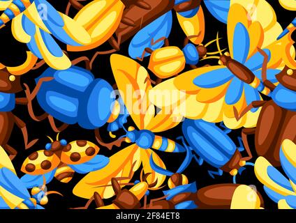Seamless pattern with insects. Stylized butterflies, beetles and dragonflies. Stock Vector