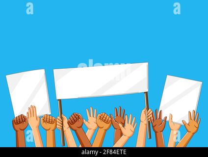Illustration of hands with banners. Picket signs or protest placards on demonstration or protest. Stock Vector