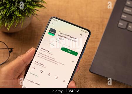 Assam, india - April 10, 2021 : Document Scanner logo on phone screen stock image. Stock Photo