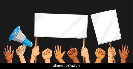 Illustration of hands with banners. Picket signs or protest placards on demonstration or protest. Stock Vector
