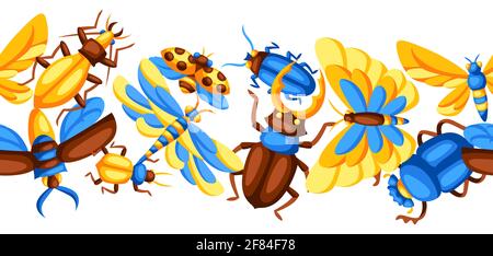 Seamless pattern with insects. Stylized butterflies, beetles and dragonflies. Stock Vector