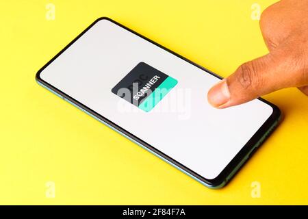 Assam, india - April 10, 2021 : Document Scanner logo on phone screen stock image. Stock Photo