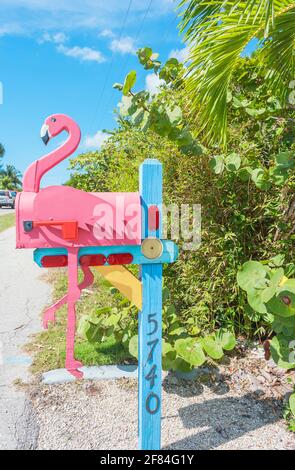 Pink Flamingo wooden mailbox, Sanibel Island, Florida, USA Stock Photo