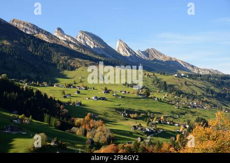 Churfirsten, view from Wildhaus, Toggenburg, Canton St. Gallen, Switzerland Stock Photo