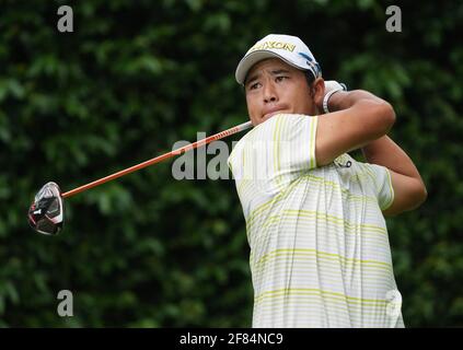 Augusta, United States. 11th Apr, 2021. Hideki Matsuyama of Japan hits off the 2nd tee during the final round of the 2021 Masters Tournament at the Augusta National Golf Club in Augusta, Georgia on Sunday, April 11, 2021. Photo by Kevin Dietsch/UPI Credit: UPI/Alamy Live News